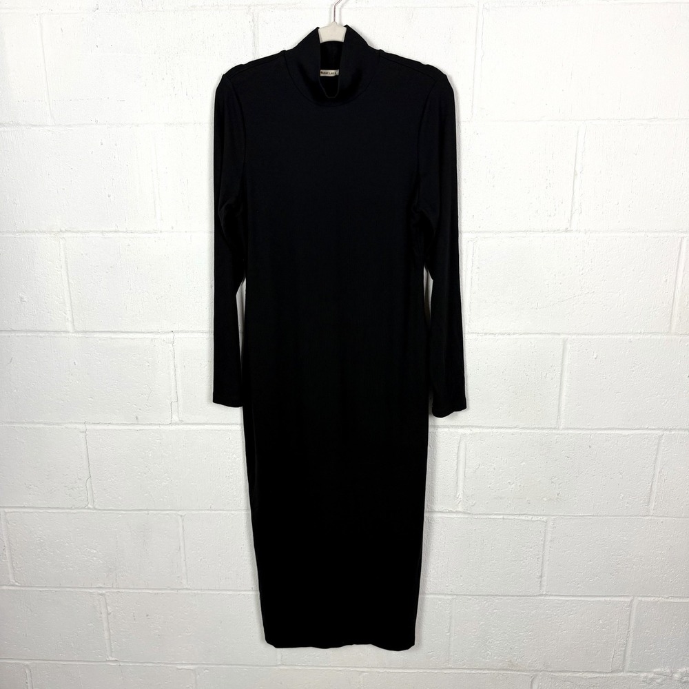 Marine Layer Lexi Rib Black Midi Dress SZ L Mockneck Lined Minimalist Stretch